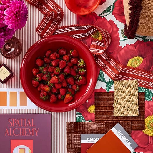 Red moodboard from House and Garden featuring both our Ticking Stripe and Papaver wallpapers