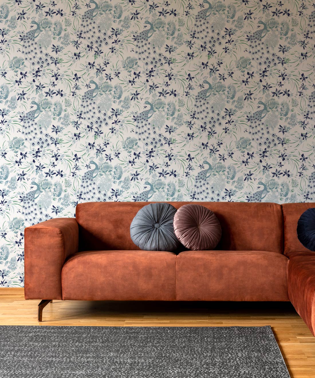 Peonies & Peacocks Wallpaper • Bosco Blue • Insitu
