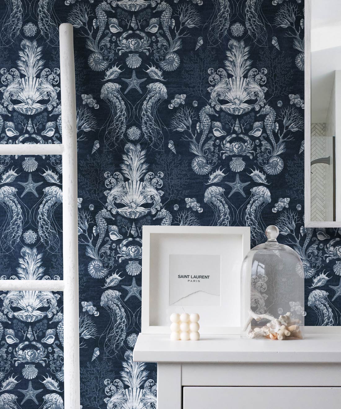 Oceania Damask Wallpaper • Sea Life Wallpaper with Seahorses, Starfish, Jellyfish • Iryna Ruggeri • Blue • Insitu